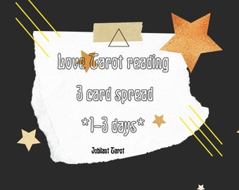 Puede incluir: Un papel blanco con bordes rasgados con el texto "love Tarot reading 3 card spread *1-3 days* Jubilant Tarot" sobre un fondo negro con estrellas doradas y líneas amarillas.