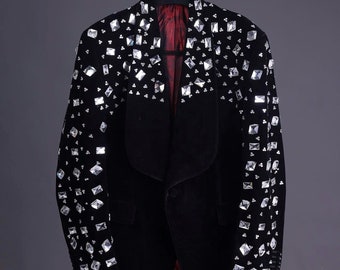 A Charcoal Black Velvet with a clear view of Glass & stone Swarovski mix shawl lapel single button tuxedo blazer suit.