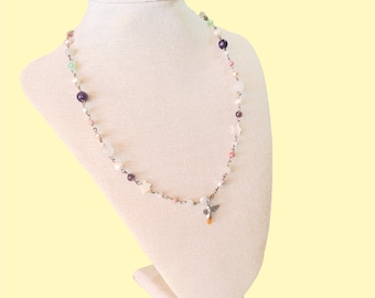 bee rose quartz multi stone necklace Rhodonite, amethyst, mother of pearl