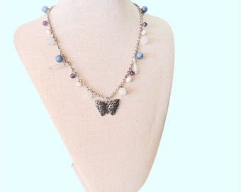 Butterfly multi crystal necklace rose quartz amethyst, aura quartz, blue aventurine, pearls