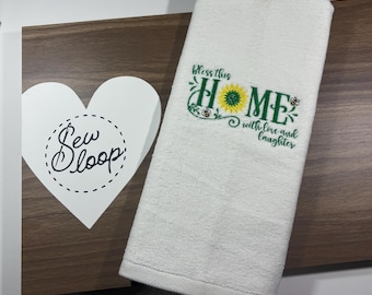 Bless This Home Sunflower Embroidered Kitchen Towel – Bee Accents – Housewarming Gift – Farmhouse Decor – SewLoop