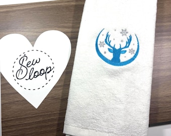 Winter Deer Embroidered Kitchen Towel – Blue Deer Silhouette with Snowflakes