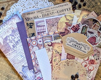 Coffee Junk Journal Set with 35x Decorative Paper and Scrapbooking Ephemera for Crafting