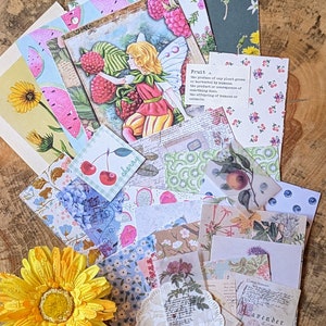 Set de decoración para scrapbooking de flores y frutas con 28 hojas de papel y efímeras para revistas botánicas, manualidades y regalos.