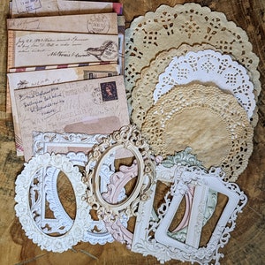 Ephemera Mix Set aus Papierrahmen, Mini-Briefumschlägen und Papierdeckchen, 20x Deko für Scrapbooking & Junk Journals, Vintage Style