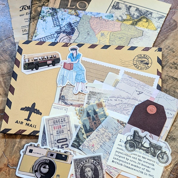 Travel Journal Scrapbooking Set mit 30x Dekopapier und Ephemera für Reisetagebuch, Urlaubspost, Geschenkidee Weltreise