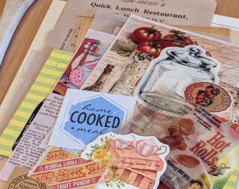 Vintage Recipes & Kitchen Scrapbooking Set, old cookbook pages, paper and decorations for meal prep planners and junk journals