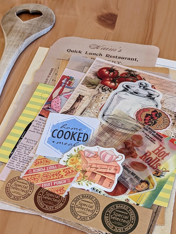 Vintage Rezepte & Küche Scrapbooking Set, alte Kochbuchseiten, Papier und Deko für Meal Prep Planer und Junk Journals