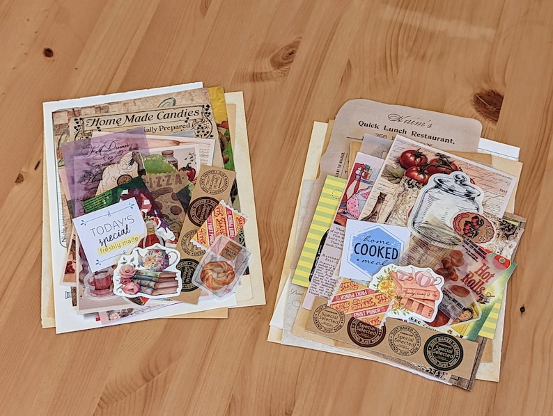 May include: A collection of vintage paper ephemera with images of food, including pizza, hot rolls, and a jar of pickles. The paper ephemera is arranged on a wooden surface. The text on the paper ephemera includes "Home Made Candies", "Today's Special", "Freshly Made", "Waim's Quick Lunch Restaurant", "Home Cooked Meal", and "Hot Rolls".
