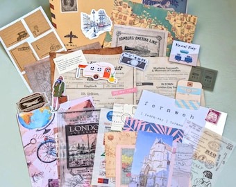 Travel Journal Scrapbooking Set with 30x Decorative Paper and Vintage Ephemera for Travel Diary, Holiday Postcards, Gift Idea for a World Trip