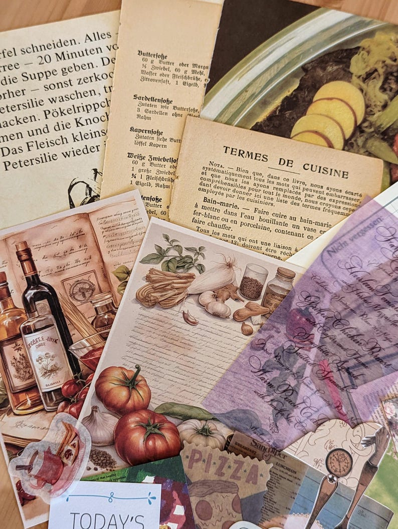 May include: A collection of vintage recipe cards and paper ephemera with a theme of food and cooking. The cards feature illustrations of vegetables, spices, and a bottle of wine. The text on the cards includes the words "Butterlohe", "Sardellenfose", "Kapernjose", "Wei&szlig;e Zwiebelso&szlig;e", and "TERMES DE CUISINE".