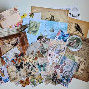 Schmetterlinge und Vögel Scrapbooking Set, 40x Journalzubehör, Dekopapier und Sticker für Collagen, Basteln und Geschenke