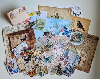Vögel & Schmetterlinge Scrapbooking Set, 40x Papier und Sticker für Journaldeko, Collagen, Basteln und Geschenke