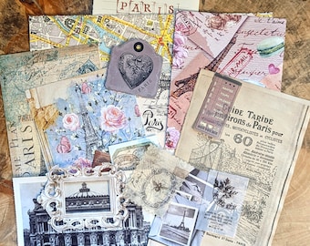 Paris Scrapbooking Set, Paper and Ephemera with Eiffel Tower for Travel Journal and Collages