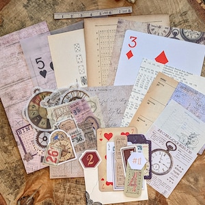 Spielkarten, Zahlen & Uhren Scrapbooking Papier und Junk Journal Deko Set zum Basteln