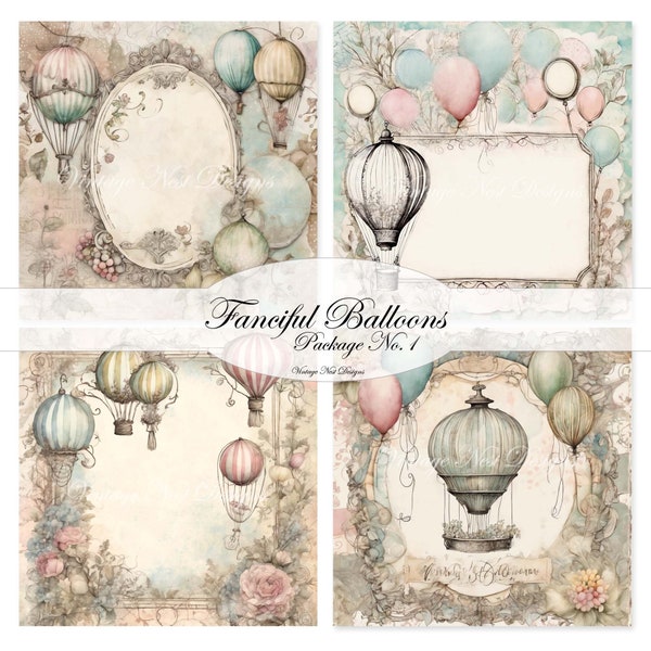 Digital Prints: Fanciful Balloons Paper Packet No.1, Illustration, Greeting Cards, Decoupage, Wall Decor, Scrapbooking, Junk Journal