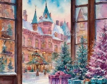 Digital Prints: Christmas Window Scene No.1, Illustration, Instant Download, Scrapbooking, Decoupage, Greetings, Wall Decor, Junk Journal