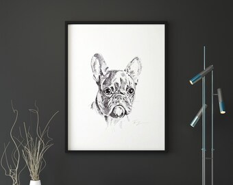 Français Bulldog Sketch Pen Drawing, Noir et Blanc Français Bulldog Portrait, Idée cadeau mémorable, Cadeau, Croquis animal pen, Œuvre d’art originale,