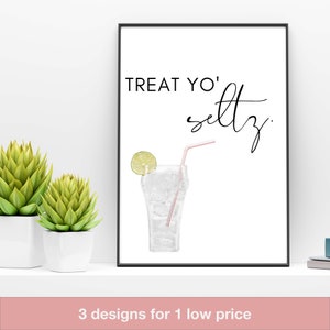 Treat yo&#39; seltz - Impressions de cuisine, calembours alimentaires, dictons alimentaires, art mural imprimable, signes de cuisine drôles, ensemble de 3, aquarelle, seltzer