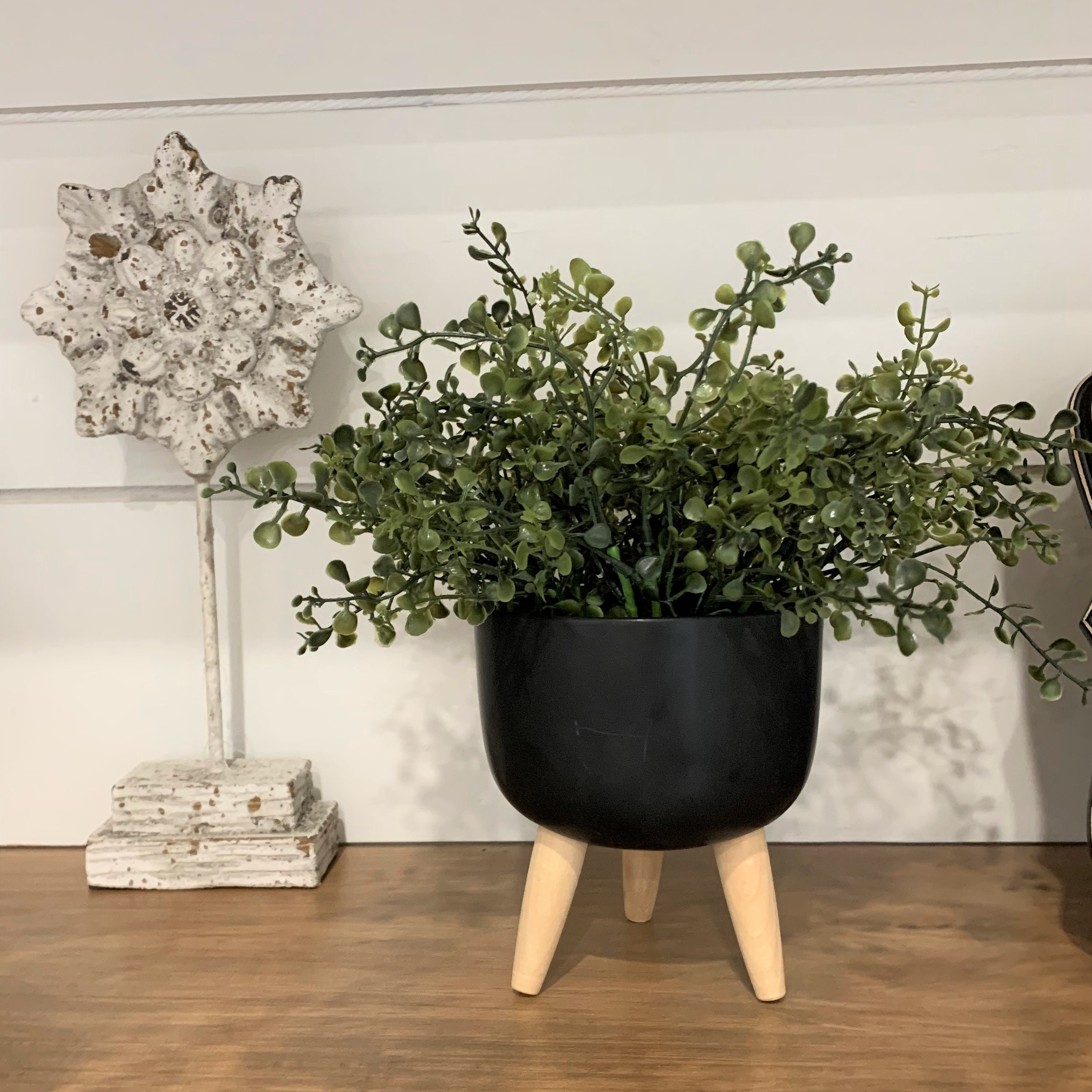 Small black planter with faux greenery succulent Etsy