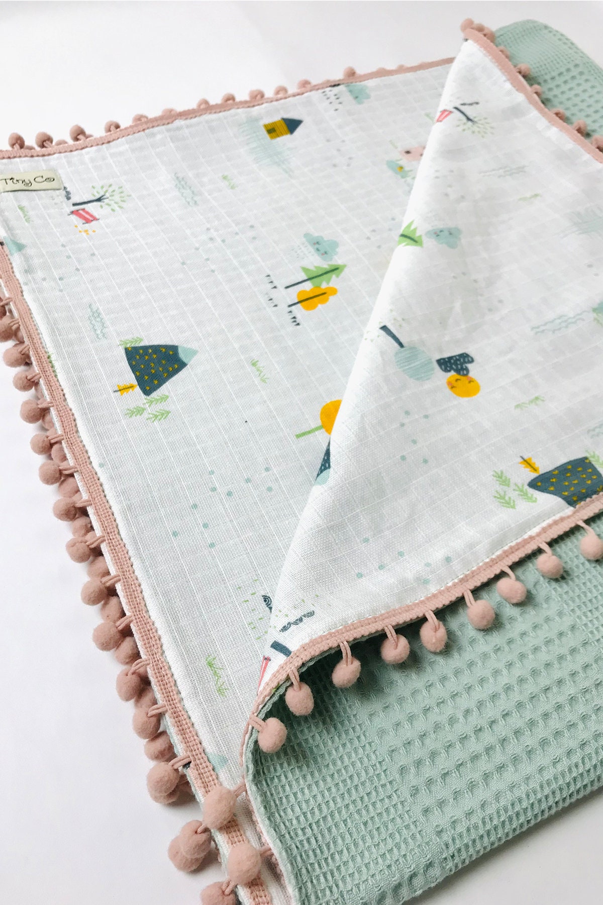 Waffle Baby Blanket combined with Muslin and with pompom 100 Etsy