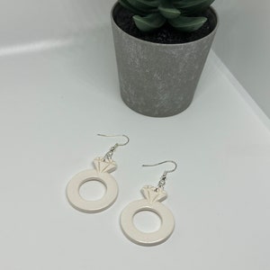 White engagement ring dangle earrings | engagement earrings | diamond ring earrings | bachelorette earrings | polymer clay earrings