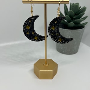 Black crescent moon dangle earrings with gold star details | polymer clay earrings