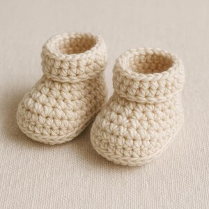 May include: A pair of cream-colored, handmade crochet baby booties. The booties have a rolled cuff and a textured stitch pattern. These soft, cozy baby shoes are perfect for a newborn.