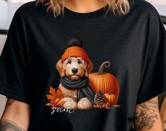 Aangepaste Goldendoodle hond comfort kleuren shirt voor herfst hondennaam shirt, hond Halloween shirt cadeau hond moeder, gepersonaliseerde goldendoodle hondenliefhebber