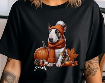 Camisa personalizada de Bull Terrier con colores cómodos para otoño, camisa con nombre para perro, camisa de Halloween para perro, regalo para mamá de perro, regalo personalizado de Bull Terrier