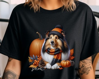 Aangepaste Shetland Sheepdog comfort kleuren shirt voor herfst hondennaam shirt, Halloween cadeau hond moeder, gepersonaliseerde sheltie cadeau voor hondenliefhebber