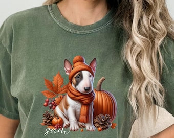 Camiseta personalizada para perro bull terrier miniatura, colores cómodos y personalizados para otoño, nombre de perro, para Halloween.