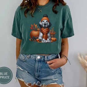 May include: A teal blue t-shirt with a white and brown dog wearing a brown and orange scarf and a brown and white hat. The dog is surrounded by fall leaves, pumpkins, and acorns.