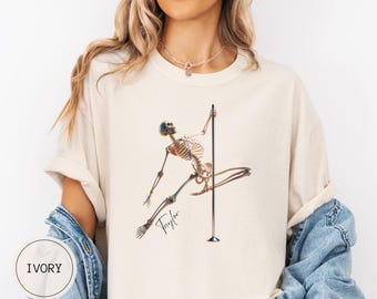 Custom Pole Dancing Shirt, Personalized Halloween Skeleton Pole Dancer Tee, Gothic Pole Fitness Gift, Comfort Colors Aerial Arts T-Shirt