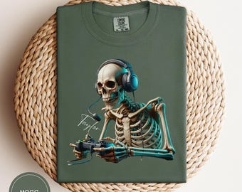 Custom Gamer Shirt For Gamers, Personalized Funny Skeleton Gaming Tee, Halloween Spooky Gamer Gift, Creepy Video Game Lover T-Shirt For Him