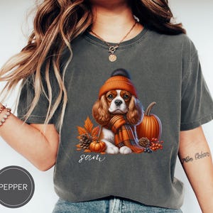 May include: A gray t-shirt with a cartoon image of a Cavalier King Charles Spaniel wearing a brown and orange hat and scarf. The dog is surrounded by fall-themed elements like pumpkins, leaves, and berries. The text "Sam" is printed below the dog.
