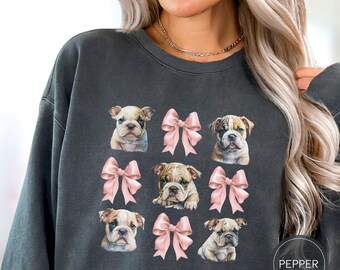 English Bulldog Puppy Sweatshirt, Comfort Colors Bulldog Coquette Bow Shirt, Dog Mom Gift, Bulldog Lover Sweater, Bulldog Owner Tshirt Gift