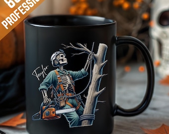 Custom Arborist Mug, Funny Skeleton Tree Climber Coffee Cup, Personalized Halloween Gothic Mug, Forestry Worker Gift, Spooky Season Gift