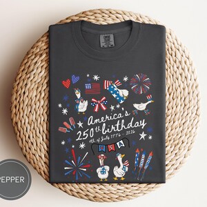 May include: Dark grey t-shirt featuring a patriotic design for America's 250th birthday. The graphic includes cartoon geese, fireworks, flags, and the text "America's 250th birthday 4th of July 1776-2026".