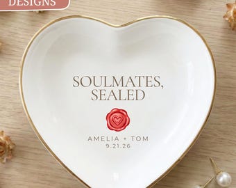 Wedding Ring Dish, Custom Name Date, Wax Seal Couples Gift, Soulmates Sealed, Fall Engagement Trinket Tray, Bride Present, Jewelry Holder