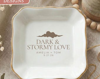 Engagement Ring Dish, Custom Name Date, Wedding Gift For Couple, Dark Stormy Love, Personalized Trinket Tray, Bride Present, Jewelry Holder