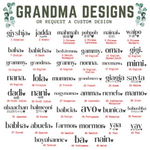 May include: A chart with a list of words for grandmother in different languages. The words are arranged in a grid with the language and country of origin listed below each word. The words are written in a variety of fonts and styles, and some of them include hearts or other decorative elements.
