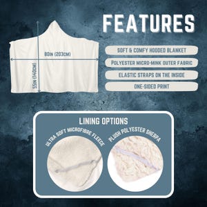 May include: A white hooded blanket with a soft microfiber fleece lining. The blanket is 55 inches by 80 inches and features elastic straps on the inside. The blanket is made of polyester micro-mink fabric and has a one-sided print.