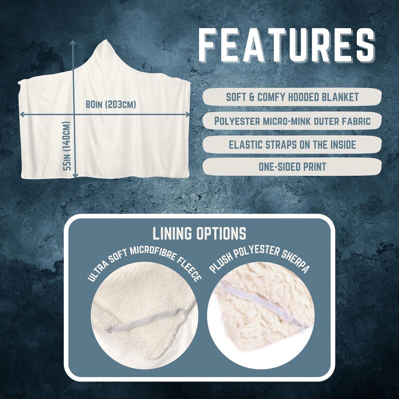 May include: A white hooded blanket with a soft microfiber fleece lining. The blanket is 55 inches by 80 inches and features elastic straps on the inside. The blanket is made of polyester micro-mink fabric and has a one-sided print.