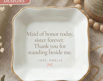 Maid of Honor Ring Dish, Thank You Gift For Sister Bridesmaid, Coquette Bow Trinket Tray Her, Bestie Best Friend Personalized Bride Message