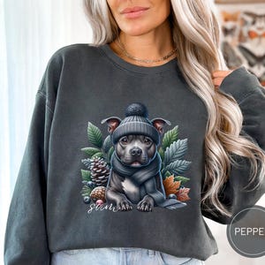 Custom Staffordshire Bull Terrier Dog Christmas Sweatshirt, Comfort Colors Dog Christmas Shirt, Personalized Bull Terrier Dog Mom Lover Tee