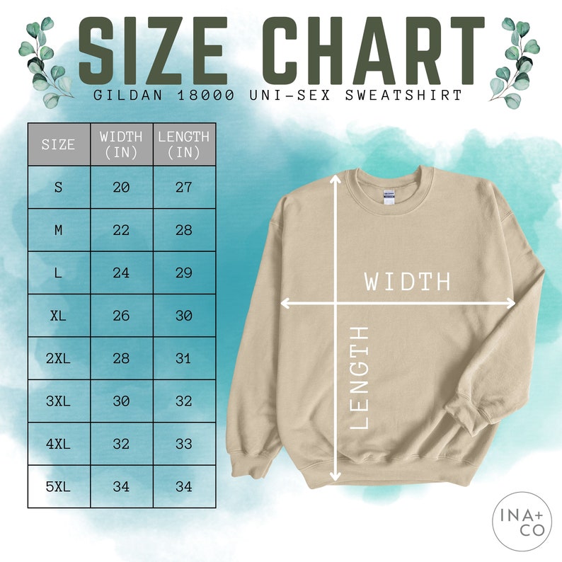 May include: Size chart for a unisex Gildan 18000 sweatshirt. The chart shows the width and length in inches for sizes S through 5XL. A beige sweatshirt is shown with the width and length measurements marked.