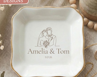 Bride and Groom Ring Dish, Custom Wedding Names Date, Line Art Married Couple Keepsake, Personalized Trinket Tray, Elegant Bridal Gift Her
