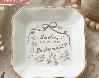 Bridesmaid Proposal Ring Dish, Personalized Name, Will You Be My Bridesmaid Maid Matron, Coquette Bow Trinket Tray Bridal Party Gift for Her
