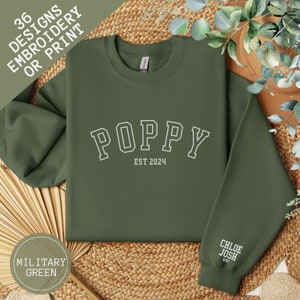 Op maat geborduurd sweatshirt opa Poppy, shirt Pappy Est, opa namen ronde hals op mouw, gepersonaliseerde Gramps Pops-trui Vaderdag